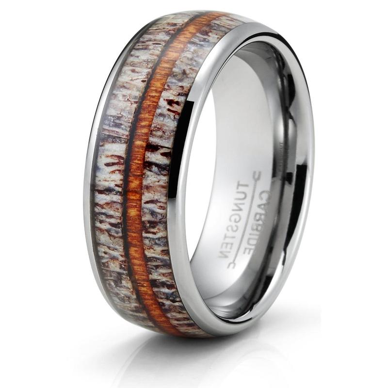 Men's Black Tungsten Ring Wedding Band Deer Antler Whiskey Barrel Wood 8MM Comfort-Fit