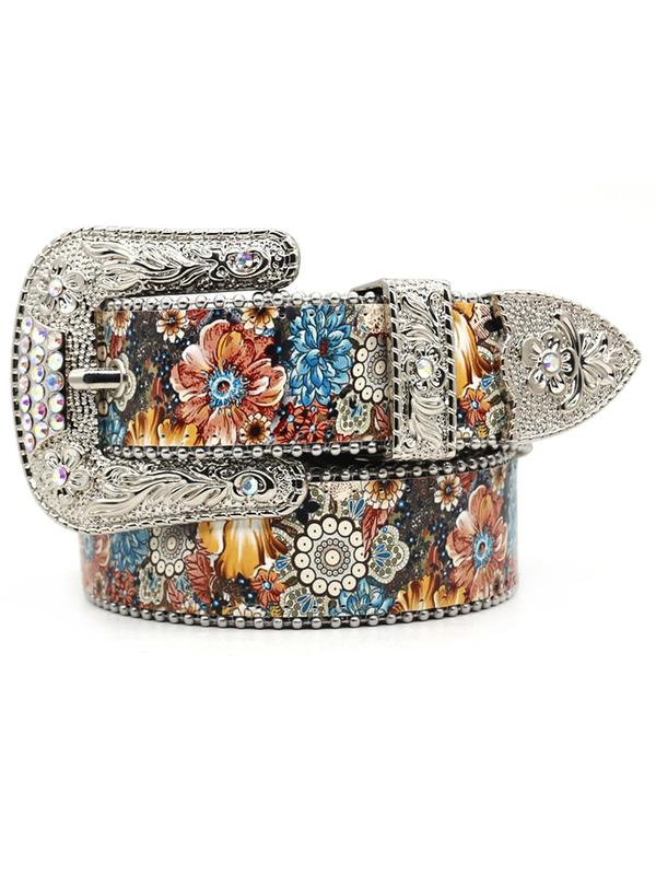 Fashion Floral Pattern Rhinestone Decorated Pu Buckle Belt, Fashion Belt for Party, Daily Clothing Decor, Trendy All-match & Exquisite Belt for Women & Girls