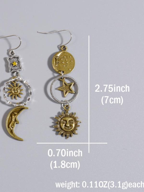 Vintage Moon & Sun & Star Design Dangle Earrings (1 Pair), Retro Bohemian Style Asymmetric Creative Jewelry for Women, Elegant All-match Fashion Accessories for Daily Wear