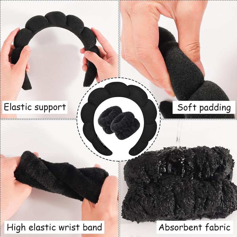 Spa Headband for Washing Face Wristband Sponge Makeup Skincare Headband Terry Cloth Bubble Soft Get Ready Hairband for Women Girl Puffy Padded Headwear Non Slip Thick Hair Accessory(Black)