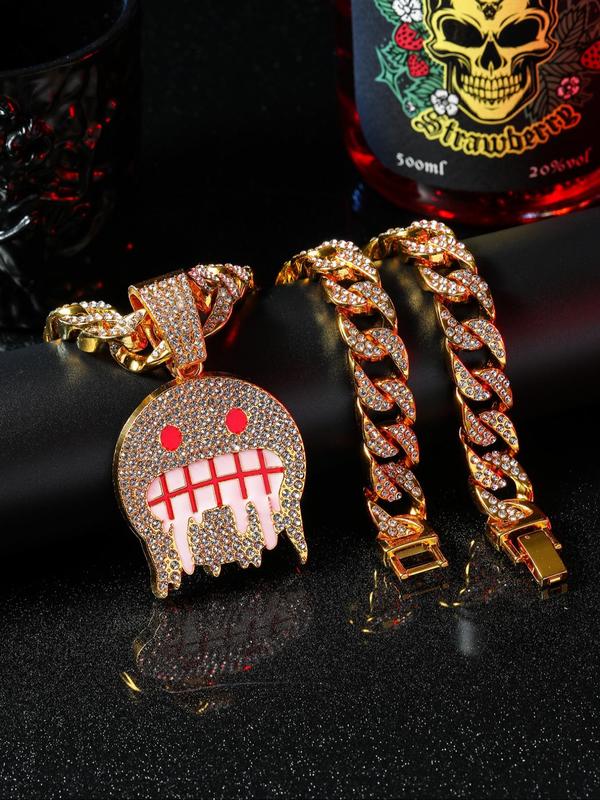 2024 Summer New Stylish Rhinestone Matching Necklace, Trendy Exquisite Chunky Chain Pendant Necklace As Gift, Hip Hop Jewelry for Boys