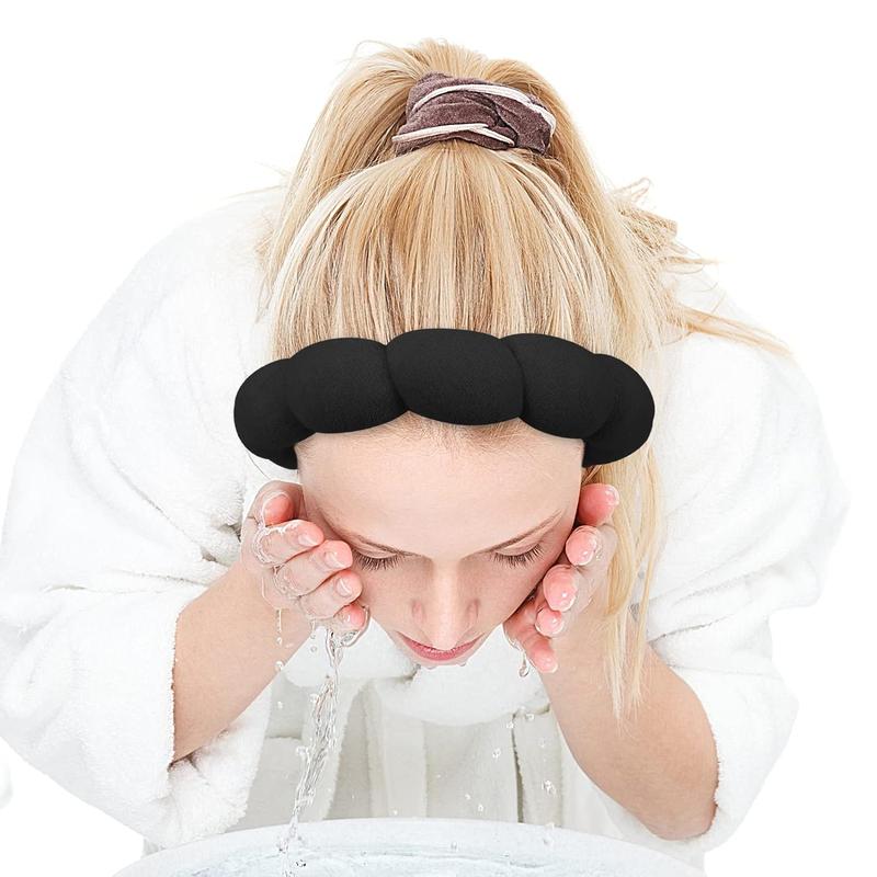 Spa Headband for Washing Face Wristband Sponge Makeup Skincare Headband Terry Cloth Bubble Soft Get Ready Hairband for Women Girl Puffy Padded Headwear Non Slip Thick Hair Accessory(Black)