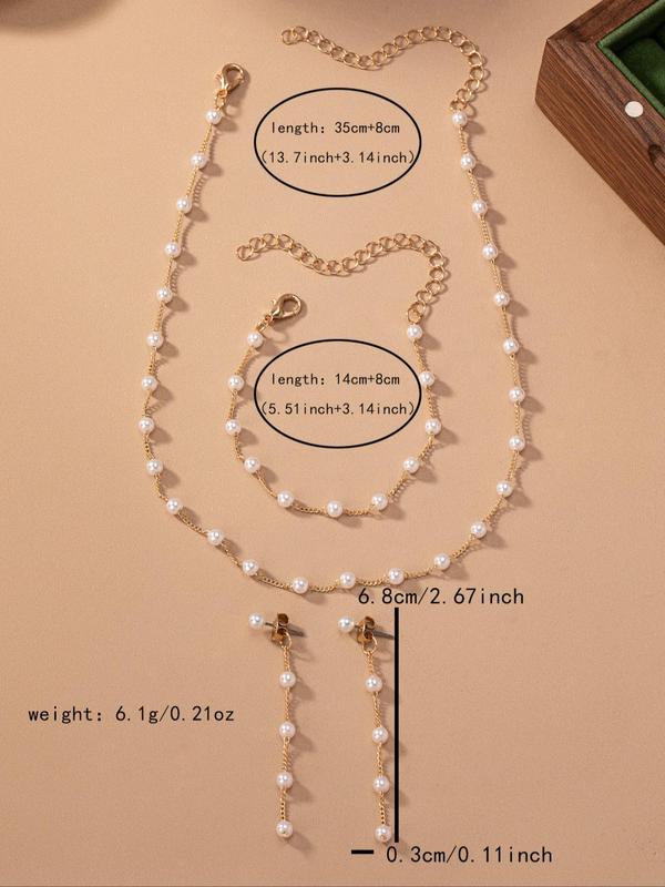 Women's Elegant Faux Pearl Decorated Jewelry Set, 4pcs Exquisite Trendy Necklace & Bracelet & Dangle Earrings, Chic Jewelry Set As Gift for Girlfriend