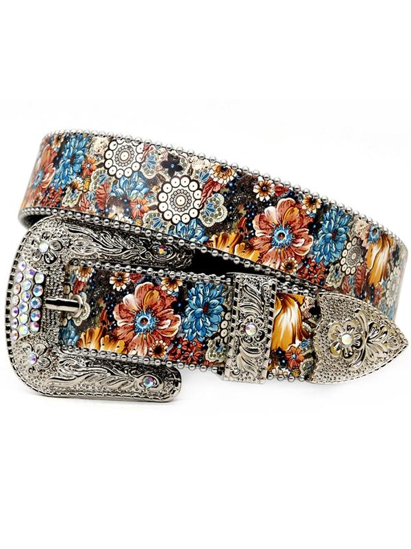 Fashion Floral Pattern Rhinestone Decorated Pu Buckle Belt, Fashion Belt for Party, Daily Clothing Decor, Trendy All-match & Exquisite Belt for Women & Girls