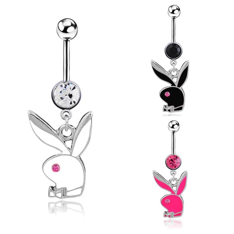 Womens Rhinestone Bunny Belly Ring, 14 Gauge, Surgical Stainless Steel