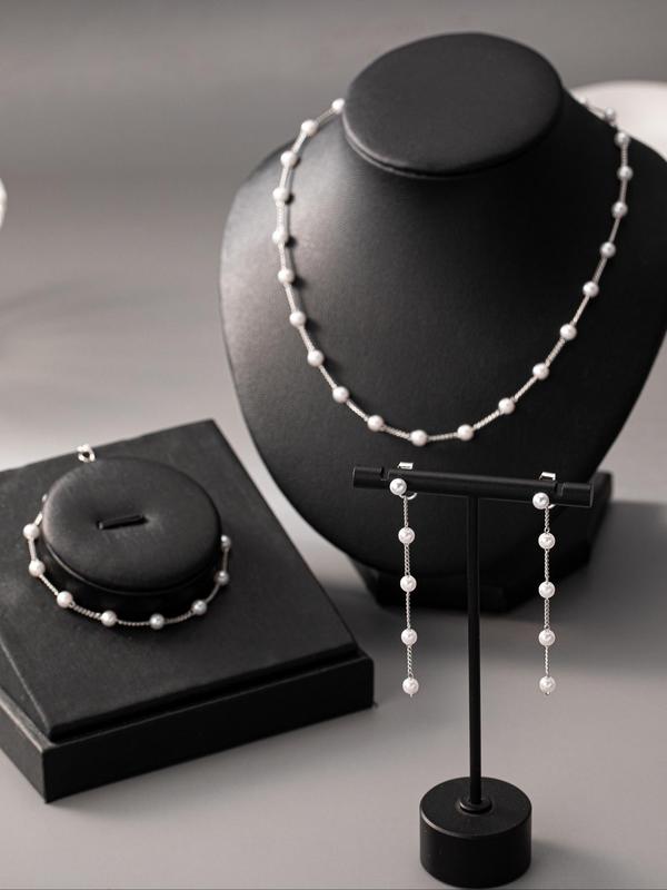 Women's Elegant Faux Pearl Decorated Jewelry Set, 4pcs Exquisite Trendy Necklace & Bracelet & Dangle Earrings, Chic Jewelry Set As Gift for Girlfriend