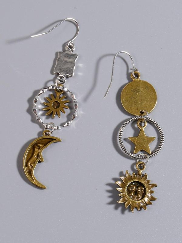 Vintage Moon & Sun & Star Design Dangle Earrings (1 Pair), Retro Bohemian Style Asymmetric Creative Jewelry for Women, Elegant All-match Fashion Accessories for Daily Wear