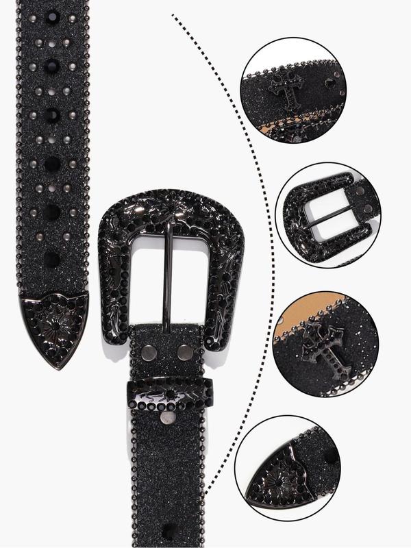 Punk Style Rhinestone Decorated Pu Buckle Belt, Designer Belt, Fashion Cross Designer Belt for Party, Daily Clothing Decor, Summer Trendy All-match & Exquisite Belt for Birthday Gift, Male Accessories Goth