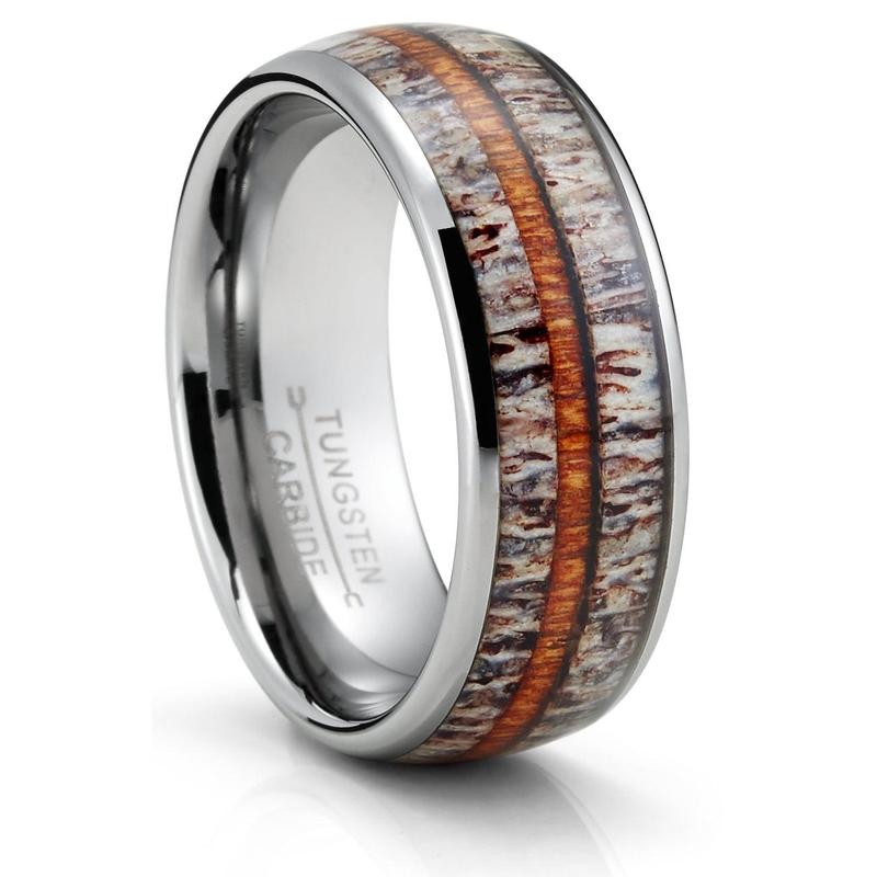 Men's Black Tungsten Ring Wedding Band Deer Antler Whiskey Barrel Wood 8MM Comfort-Fit