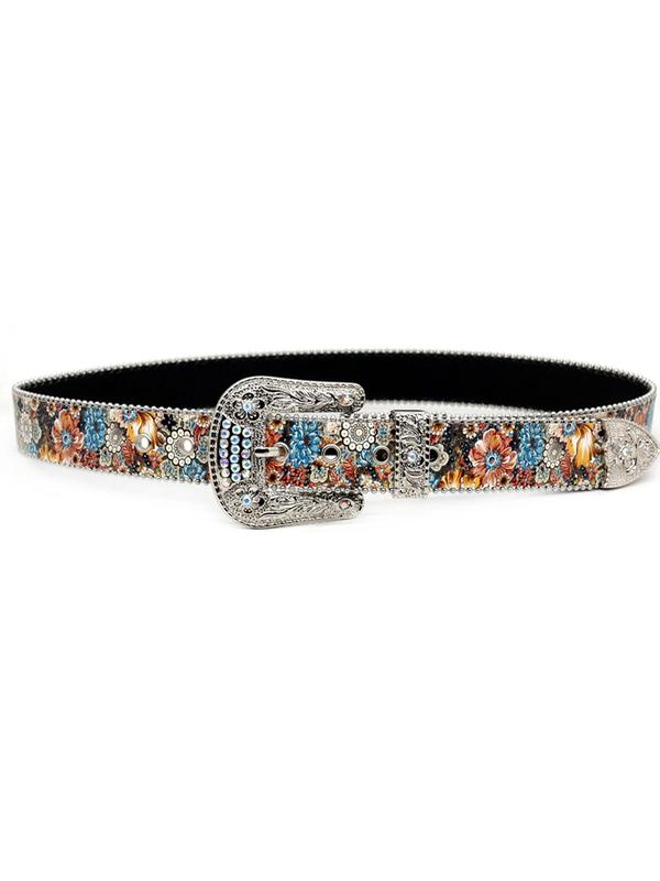 Fashion Floral Pattern Rhinestone Decorated Pu Buckle Belt, Fashion Belt for Party, Daily Clothing Decor, Trendy All-match & Exquisite Belt for Women & Girls