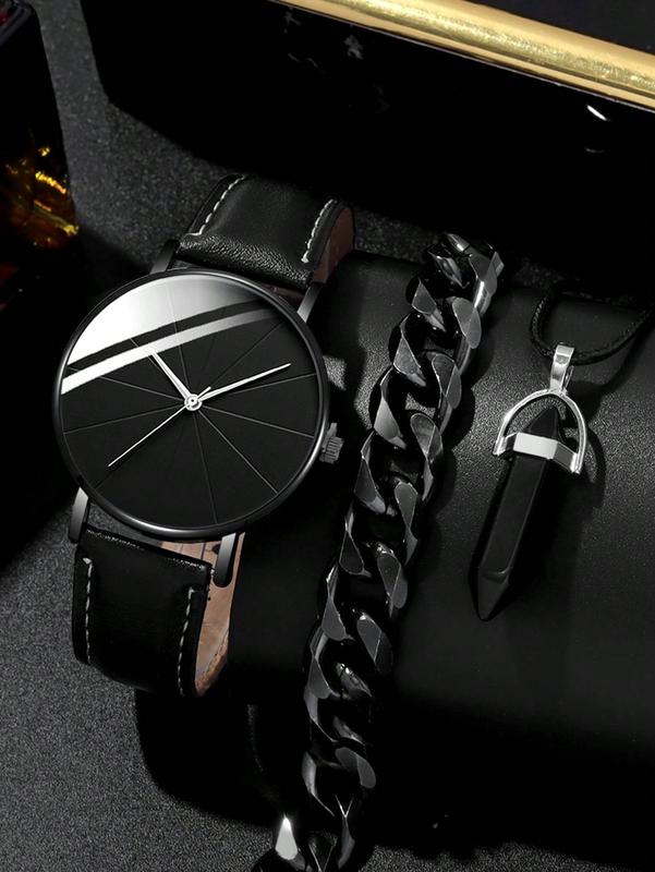 3PCS Fashion Business Round Men's Belt Quartz Watch With Chain Bracelet+Necklace Combination Set