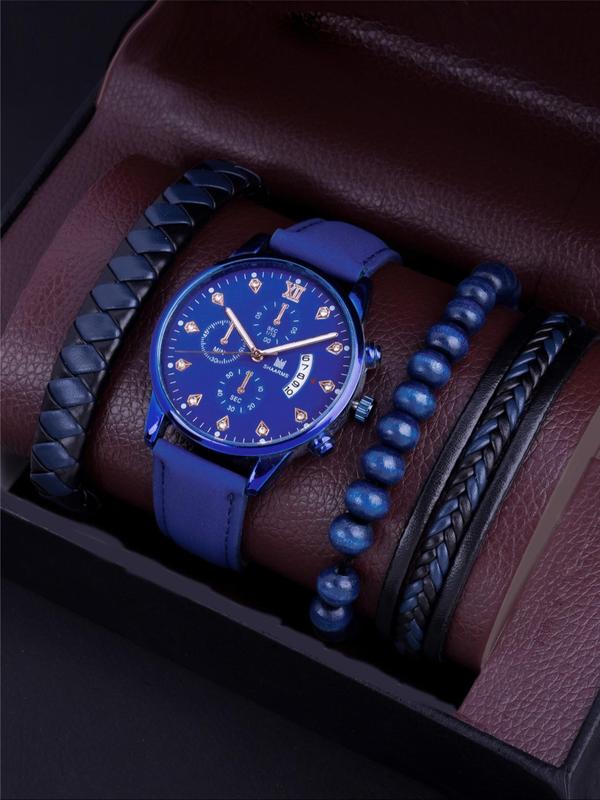 Men's Casual Trendy Pu Leather Strap Round Dial Analog Quartz Watch, Beaded & Braided Bracelet Set, without Box, Fashion Watch Set for Party, Daily Clothing Decor