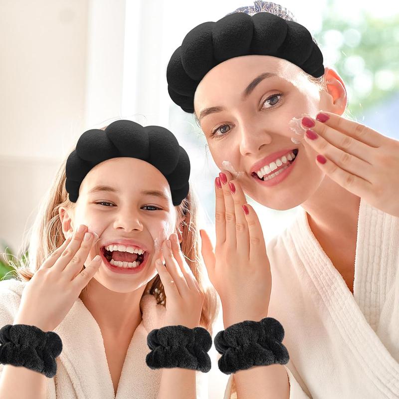 Spa Headband for Washing Face Wristband Sponge Makeup Skincare Headband Terry Cloth Bubble Soft Get Ready Hairband for Women Girl Puffy Padded Headwear Non Slip Thick Hair Accessory(Black)