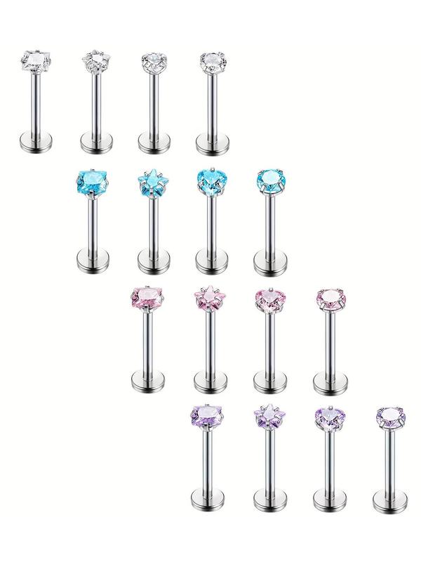 Rhinestone Decorated Lip Studs, 16pcs Stainless Steel Lip Rings, Body Piercing Jewelry for Women & Men