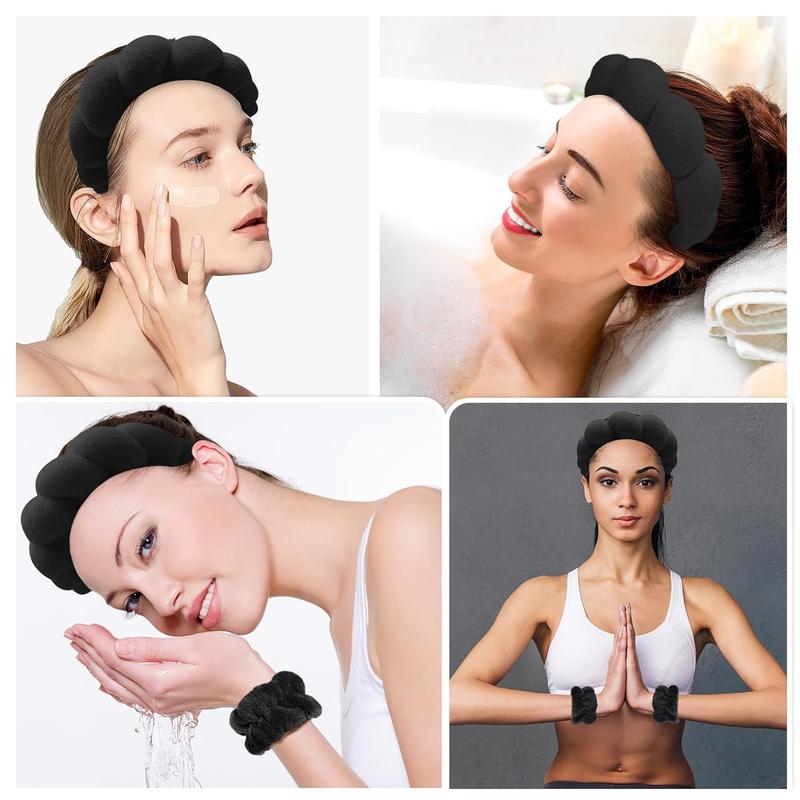 Spa Headband for Washing Face Wristband Sponge Makeup Skincare Headband Terry Cloth Bubble Soft Get Ready Hairband for Women Girl Puffy Padded Headwear Non Slip Thick Hair Accessory(Black)