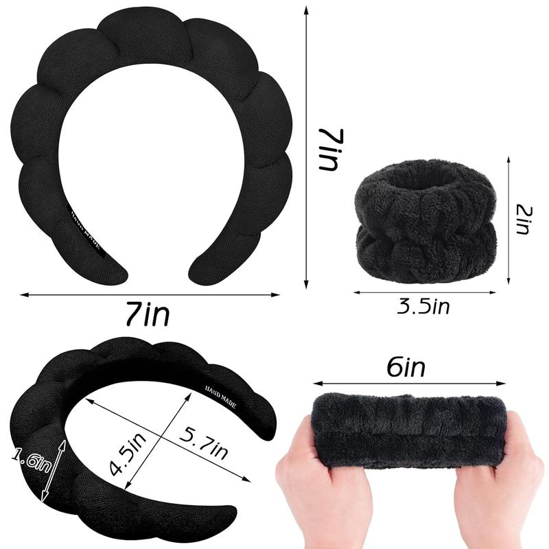 Spa Headband for Washing Face Wristband Sponge Makeup Skincare Headband Terry Cloth Bubble Soft Get Ready Hairband for Women Girl Puffy Padded Headwear Non Slip Thick Hair Accessory(Black)