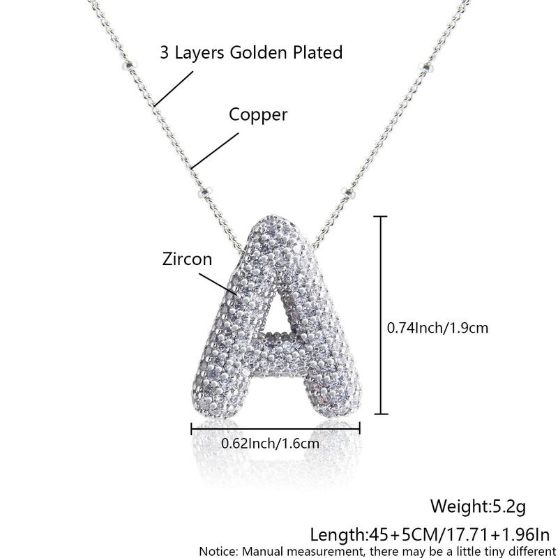 Bubble Letter Necklace Silver Plated with CZ - Trendy Initial Necklace, Neckalce for Women Men