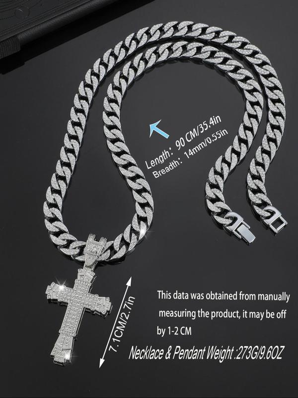 Unisex Street Style Chunky Cuban Necklace with Cross Design, Luxury Jewelry Casual Trendy Rhinestones Decorated Pendant Chain Cross Necklaces Cuban Chain, Fashion Accessories for Daily & Party Decoration