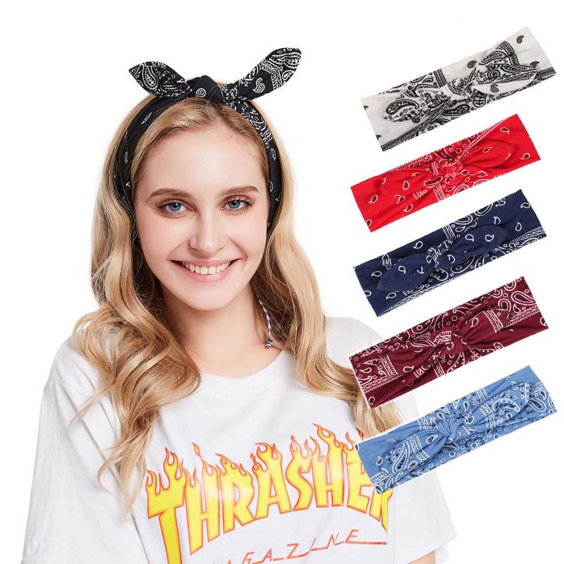 Boho Bow Headbands for Women Vintage Paisley Bandana Flower Printed Hairband Elastic Rabbit ear Head Wrap Cute Hair Accessories,pack of 6