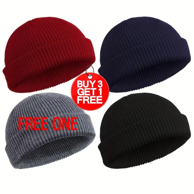 4-Pack Polyester Knitted Beanies - Elastic, Lightweight, Hand Washable - Unisex Skull Cap & Fisherman Style Hats with Roll-Up Edge