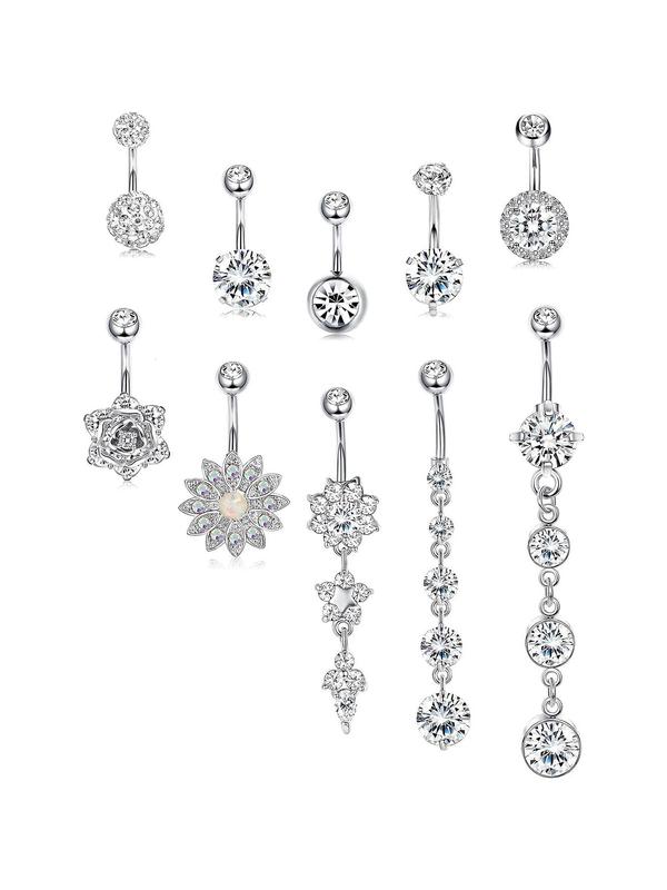 10pcs set Luxury Rhinestone Flower Decor Belly Button Ring, Women's Belly Piercing Body Jewelry, For Crop Top Decor