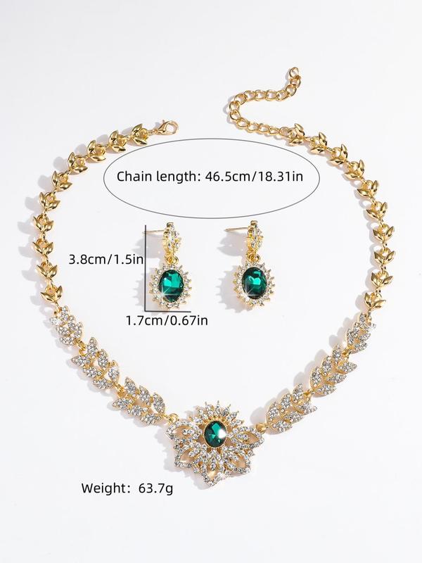 Leaf & Flower Design Rhinestone Decorated Jewelry Set, Exquisite Trendy Necklace & Dangle Earrings, Chic Jewelry Set for Party & Wedding & Daily Decor