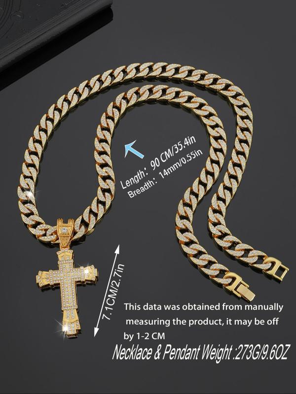 Unisex Street Style Chunky Cuban Necklace with Cross Design, Luxury Jewelry Casual Trendy Rhinestones Decorated Pendant Chain Cross Necklaces Cuban Chain, Fashion Accessories for Daily & Party Decoration