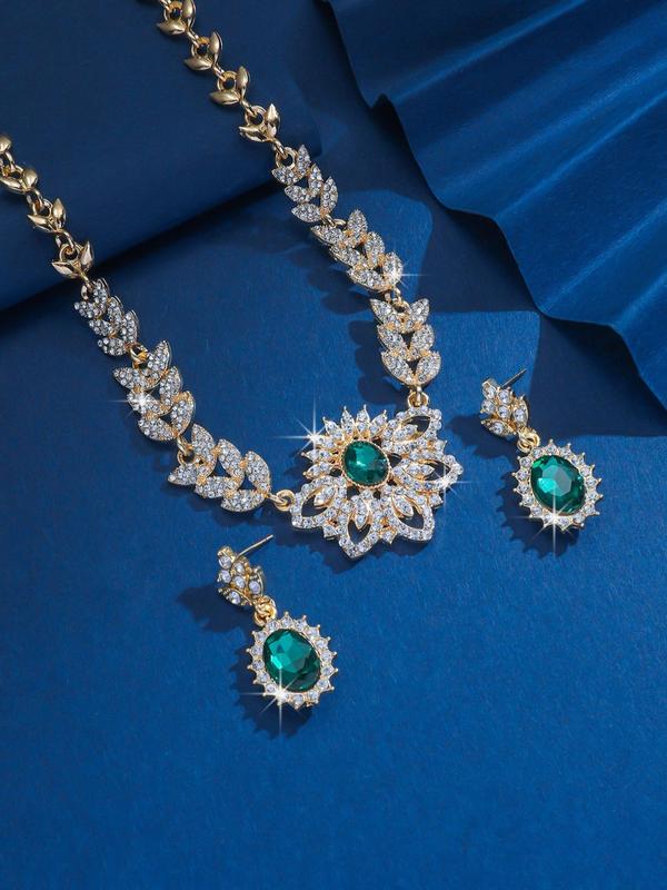 Leaf & Flower Design Rhinestone Decorated Jewelry Set, Exquisite Trendy Necklace & Dangle Earrings, Chic Jewelry Set for Party & Wedding & Daily Decor