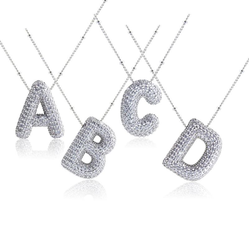 Bubble Letter Necklace Silver Plated with CZ - Trendy Initial Necklace, Neckalce for Women Men