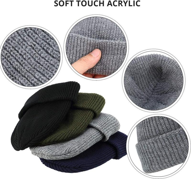 4-Pack Polyester Knitted Beanies - Elastic, Lightweight, Hand Washable - Unisex Skull Cap & Fisherman Style Hats with Roll-Up Edge