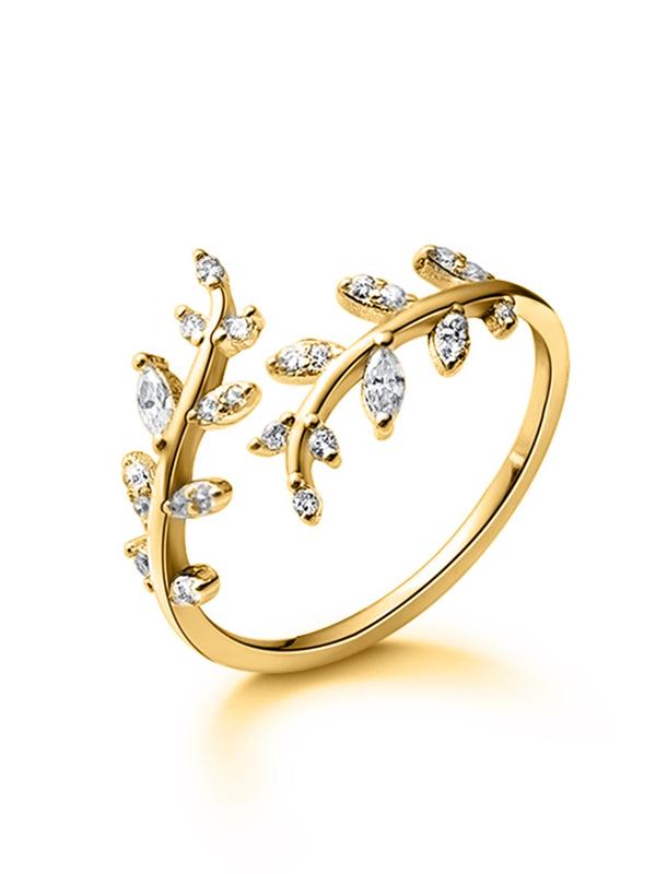 Women's Elegant Rhinestone Decorated Leaf Design Cuff Ring, Exquisite Trendy Ring, Fashionable Jewelry for Women As Gift