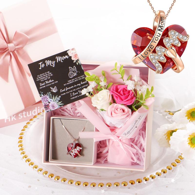 To My Mom Gift Set, Heart Shaped Pendant Necklace & Flower Bouquet & Gift Box & Greeting Card, Summer Gifts Set for Mom