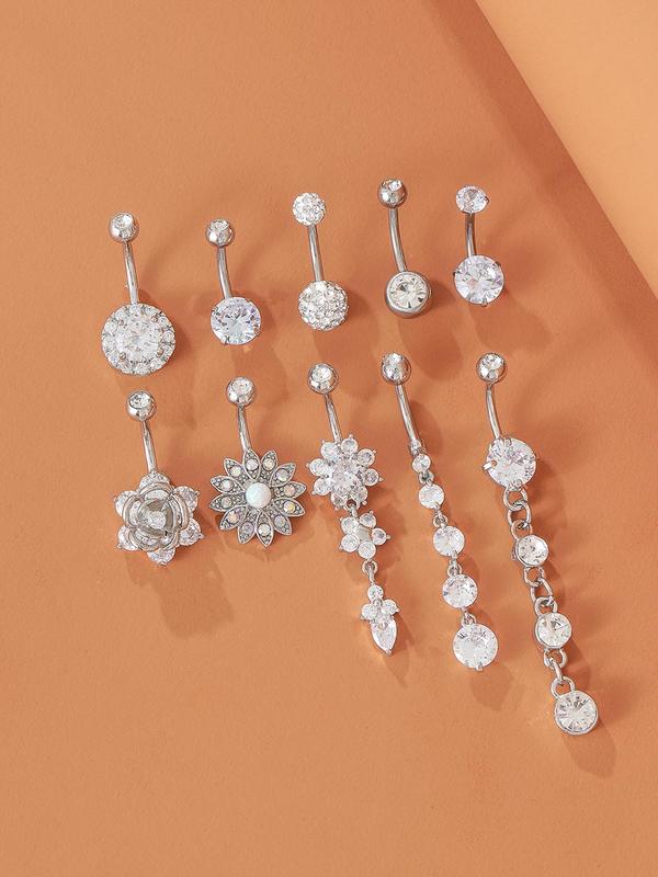 10pcs set Luxury Rhinestone Flower Decor Belly Button Ring, Women's Belly Piercing Body Jewelry, For Crop Top Decor