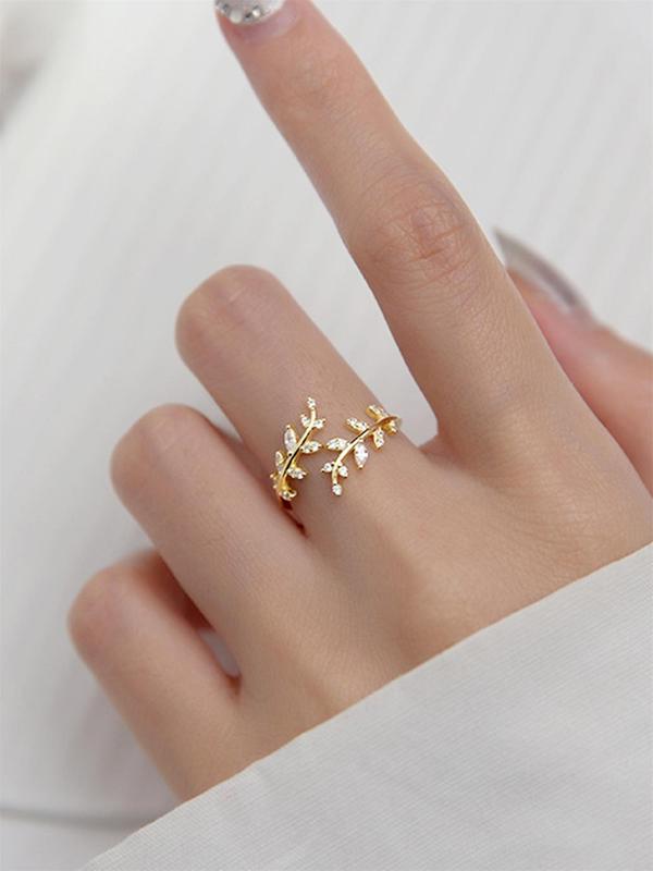 Women's Elegant Rhinestone Decorated Leaf Design Cuff Ring, Exquisite Trendy Ring, Fashionable Jewelry for Women As Gift