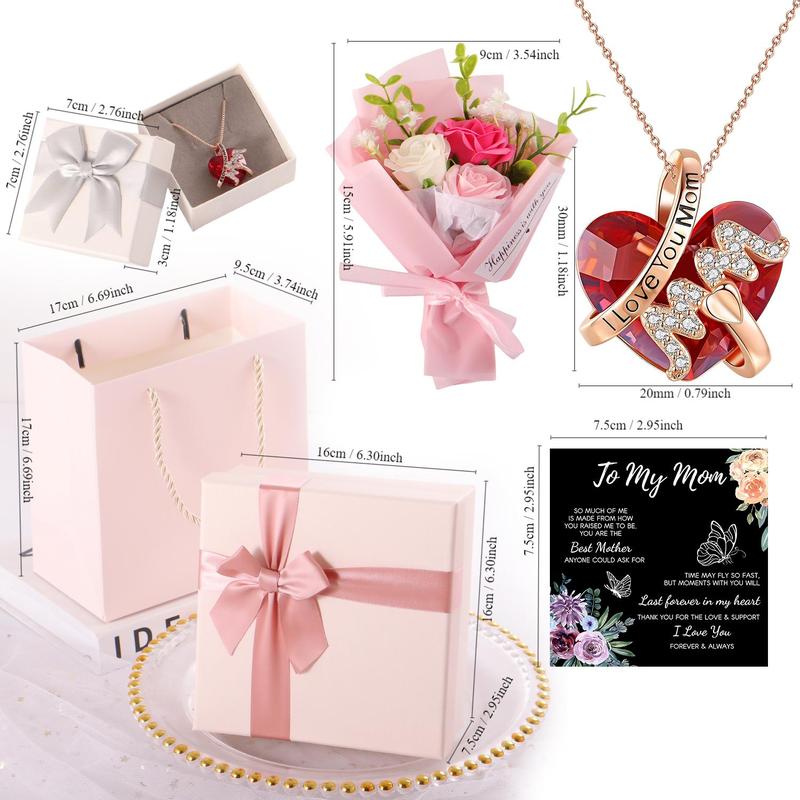 To My Mom Gift Set, Heart Shaped Pendant Necklace & Flower Bouquet & Gift Box & Greeting Card, Summer Gifts Set for Mom