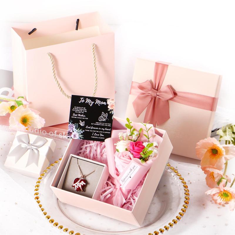 To My Mom Gift Set, Heart Shaped Pendant Necklace & Flower Bouquet & Gift Box & Greeting Card, Summer Gifts Set for Mom