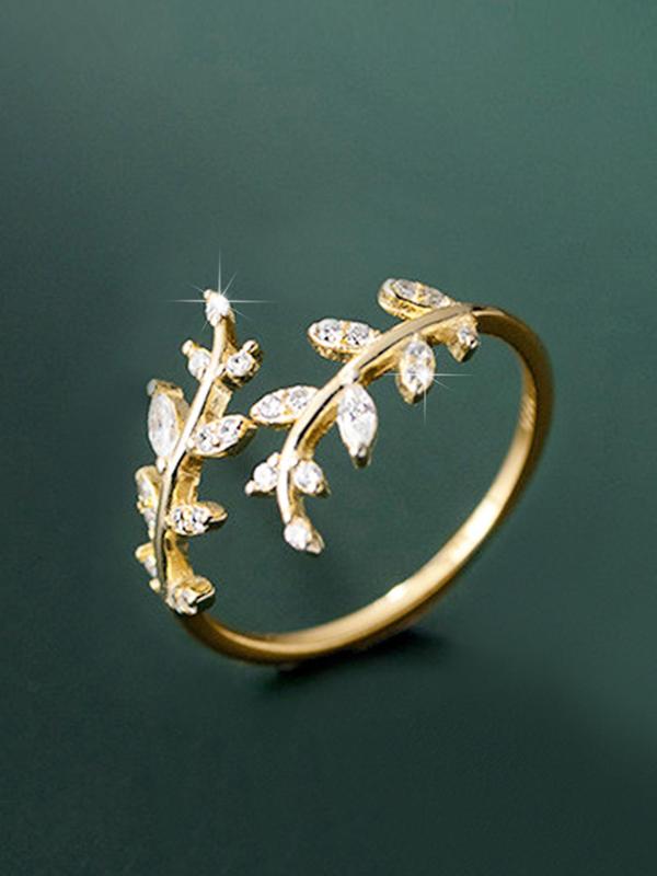 Women's Elegant Rhinestone Decorated Leaf Design Cuff Ring, Exquisite Trendy Ring, Fashionable Jewelry for Women As Gift