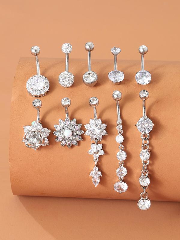 10pcs set Luxury Rhinestone Flower Decor Belly Button Ring, Women's Belly Piercing Body Jewelry, For Crop Top Decor