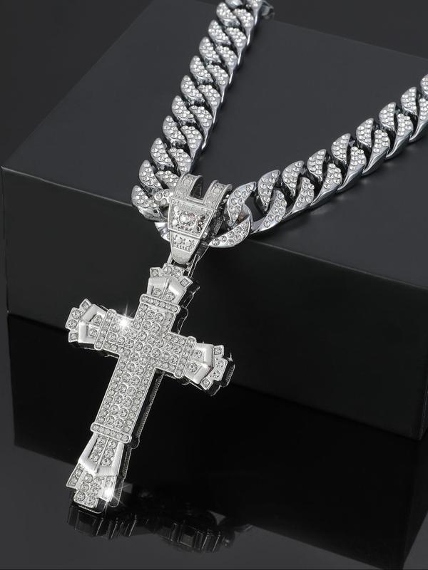 Unisex Street Style Chunky Cuban Necklace with Cross Design, Luxury Jewelry Casual Trendy Rhinestones Decorated Pendant Chain Cross Necklaces Cuban Chain, Fashion Accessories for Daily & Party Decoration