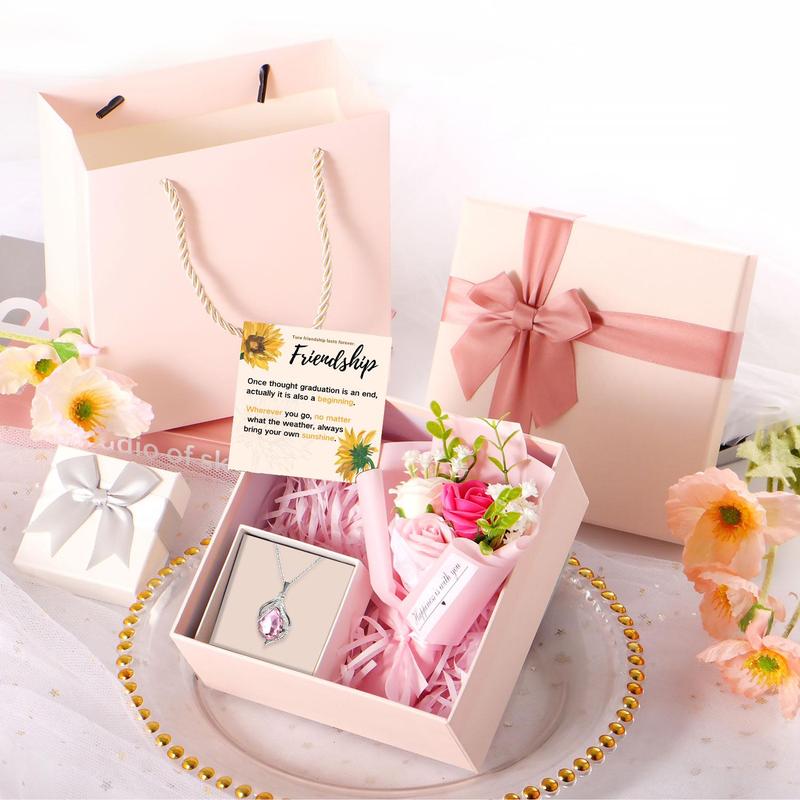 To My Mom Gift Set, Heart Shaped Pendant Necklace & Flower Bouquet & Gift Box & Greeting Card, Summer Gifts Set for Mom