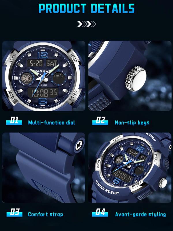 Men's Sporty Digital Analog Quartz Watch, Fashionable Luminous Waterproof Watch with Silicone Strap, Trendy Watch with Box for Daily Life