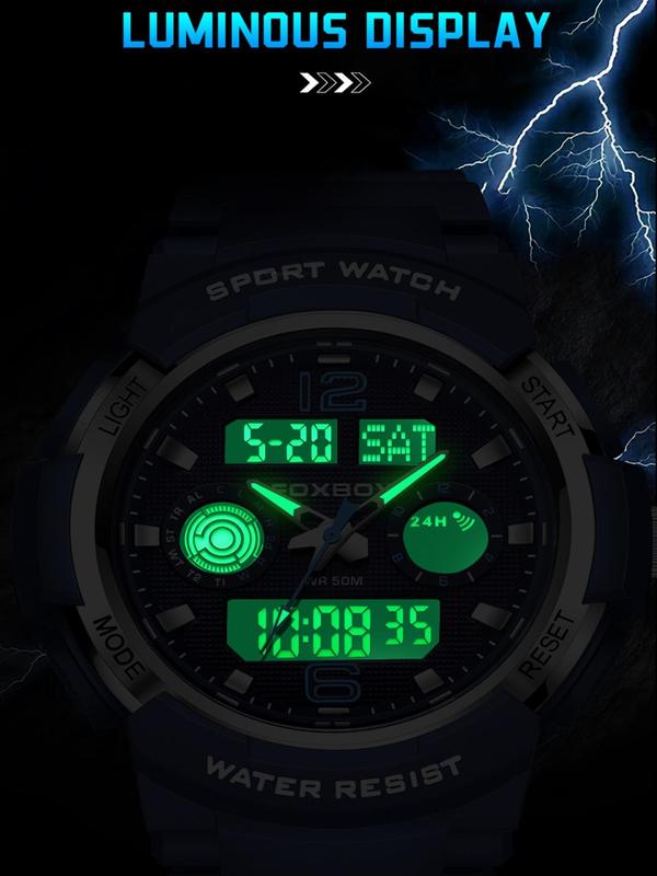 Men's Sporty Digital Analog Quartz Watch, Fashionable Luminous Waterproof Watch with Silicone Strap, Trendy Watch with Box for Daily Life