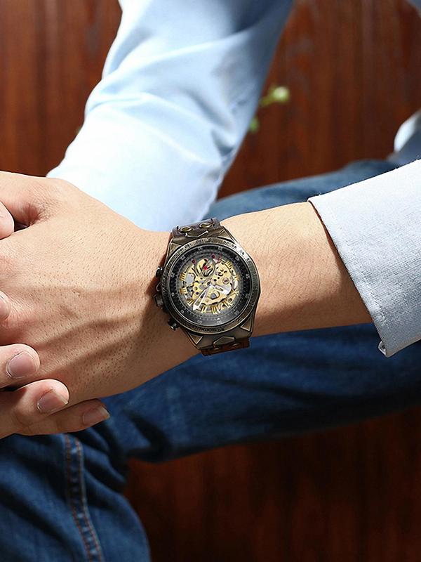 Men's Vintage Automatic Mechanical Watch, Fashion Luminous Hands Watch for Party, Daily Clothing Decor, Trendy All-match & Exquisite Watch for Birthday Gift with Box