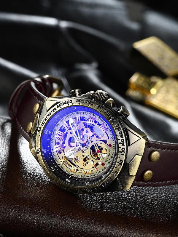 Men's Vintage Automatic Mechanical Watch, Fashion Luminous Hands Watch for Party, Daily Clothing Decor, Trendy All-match & Exquisite Watch for Birthday Gift with Box