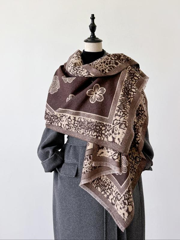 Women's Boho Style Leopard & Floral Print Scarf, Casual Trendy Warm Thick Shawl, Fashionable Soft Scarf for Fall & Winter