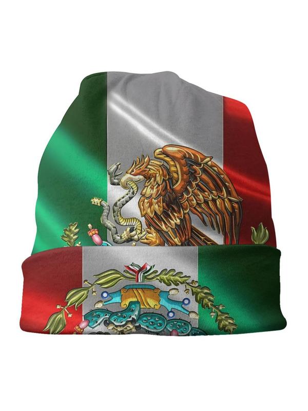 Mexico Flag & Eagle Print Beanie Cap,  Street Trend Beanie Hat, Color-block Ski Caps, Bonnet Hats for Fall & Winter, Fashion Accessories for Men & Women