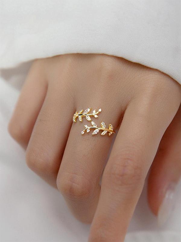 Women's Elegant Rhinestone Decorated Leaf Design Cuff Ring, Exquisite Trendy Ring, Fashionable Jewelry for Women As Gift