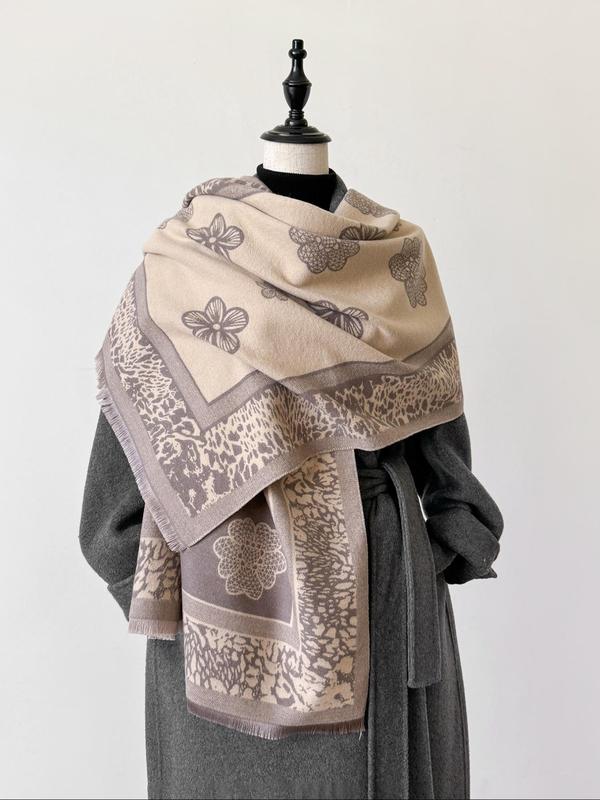 Women's Boho Style Leopard & Floral Print Scarf, Casual Trendy Warm Thick Shawl, Fashionable Soft Scarf for Fall & Winter