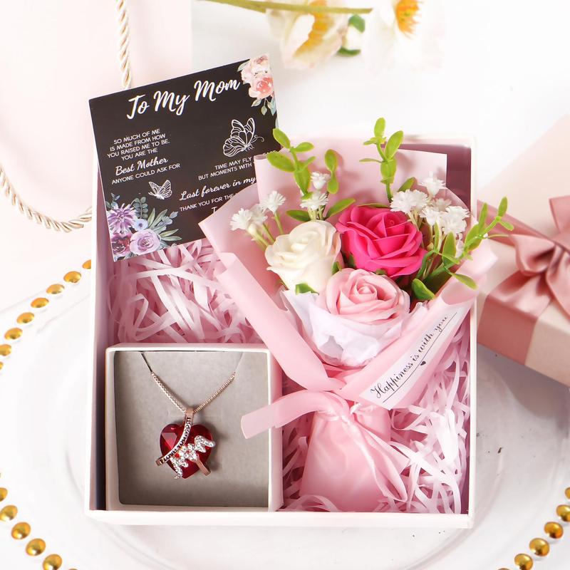 To My Mom Gift Set, Heart Shaped Pendant Necklace & Flower Bouquet & Gift Box & Greeting Card, Summer Gifts Set for Mom