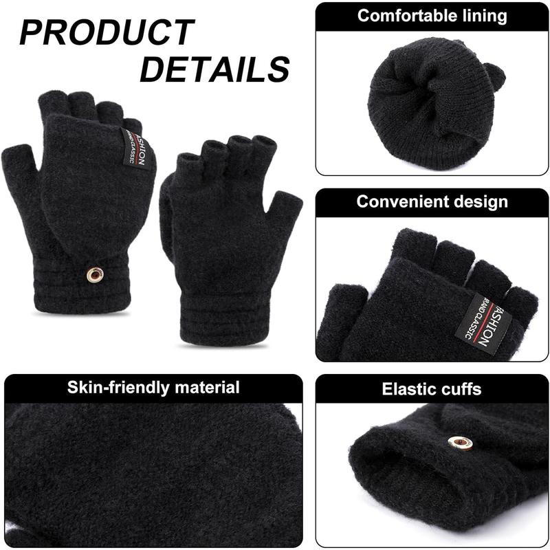 Womens Winter Gloves, 2 Pack Warm Knitted Convertible Fingerless Gloves for Women Gifts with Mittens Cover Cap